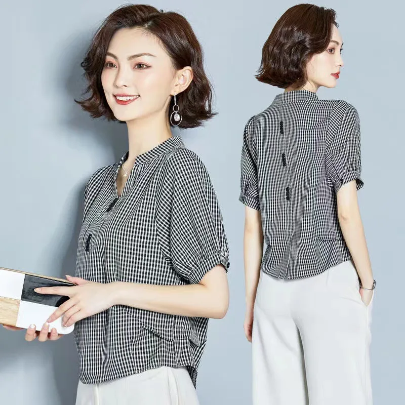 Women's Short sleeved Plaid Chiffon Shirt Niche Design V neck Belly covering Coat Black - Shop at LoveMi