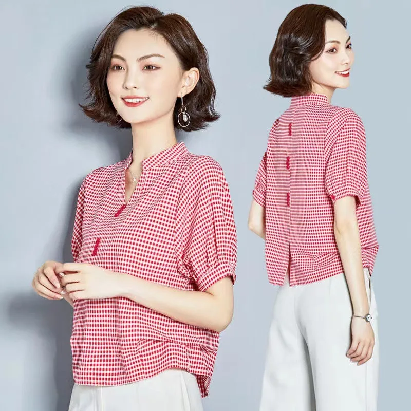 Women's Short sleeved Plaid Chiffon Shirt Niche Design V neck Belly covering Coat Red - Shop at LoveMi