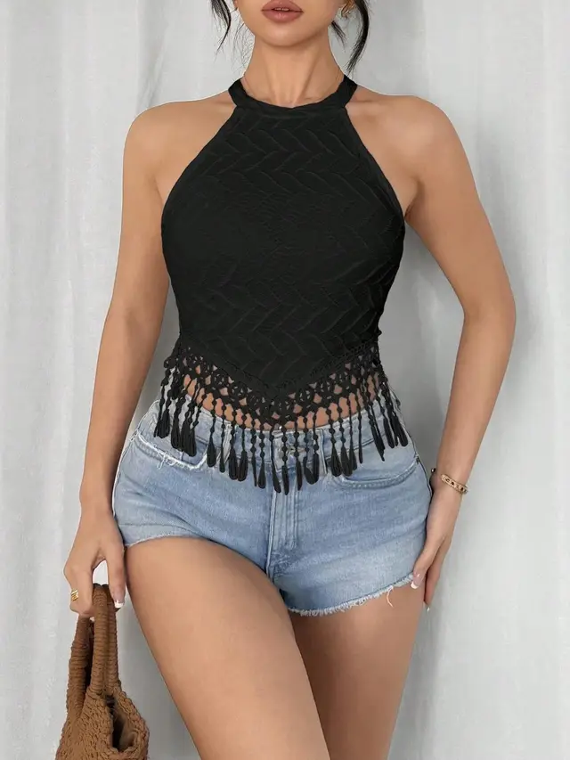 Women's Fashionable New Elegant Tassel Vest Top Black Square - Shop at LoveMi