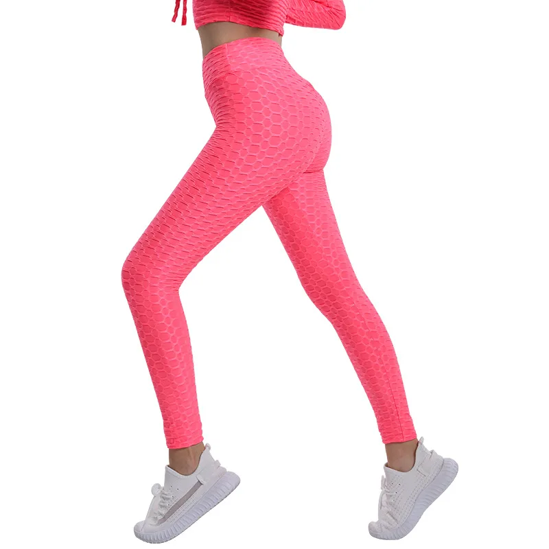 Bubble Yoga Pants Jacquard High Elastic Sports Gym Pants - Pink - View 1