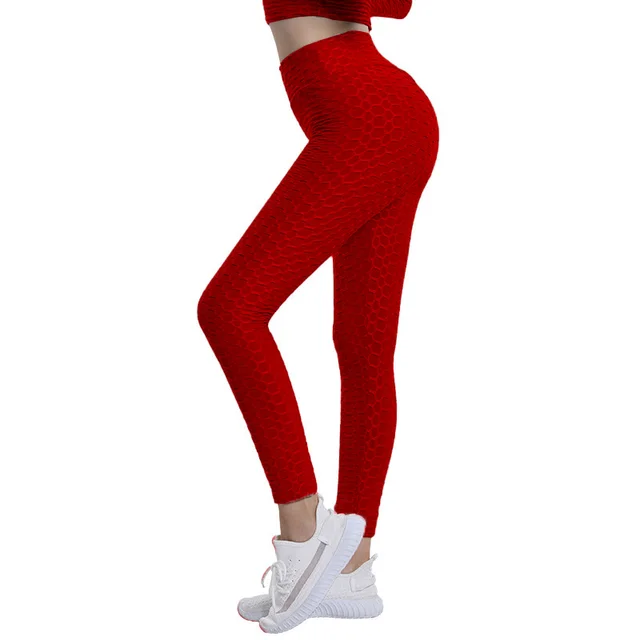 Bubble Yoga Pants Jacquard High Elastic Sports Gym Pants Wine Red - Shop at LoveMi