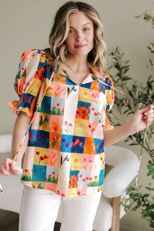 Multicolour Floral Checker Print Ruffled Short Puff Sleeve Blouse Multicolour - Shop at LoveMi