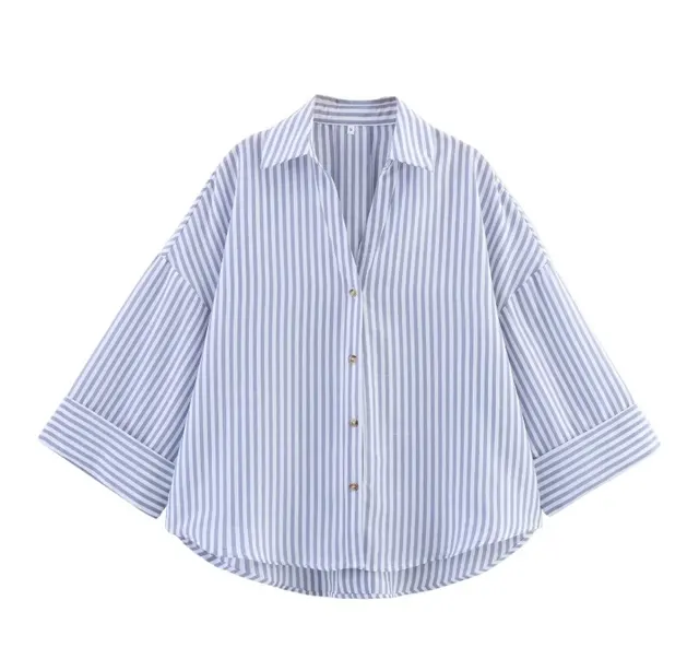 Casual All matching Lapel Striped Wide Sleeve Shirt Blue Stripes - Shop at LoveMi