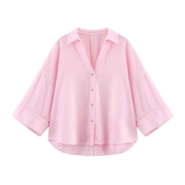 Casual All matching Lapel Striped Wide Sleeve Shirt Pink - Shop at LoveMi