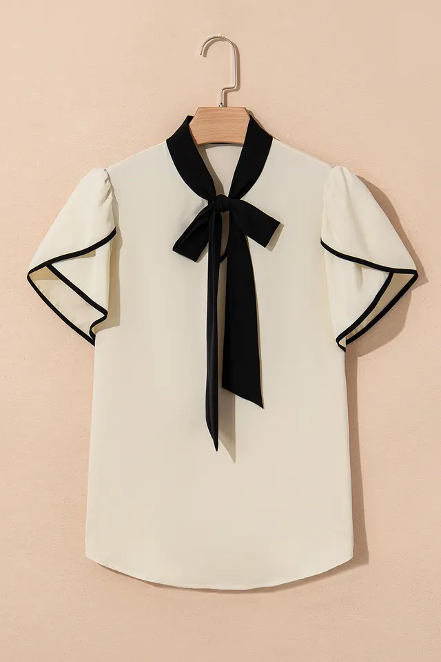 White Bow Knot Neckline Contrast Stripe Short Sleeve Blouse White - Shop at LoveMi