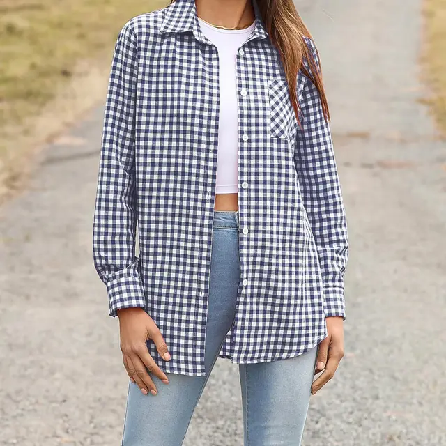 Printed Plaid Lapel Loose Long sleeve Shirt Plaid Shirt Blue - Shop at LoveMi