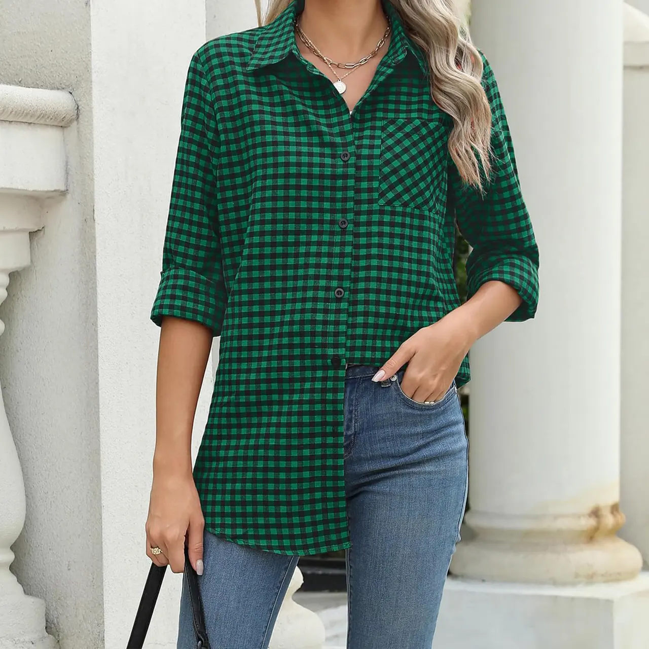 Printed Plaid Lapel Loose Long-sleeve Shirt Plaid Shirt - Green
