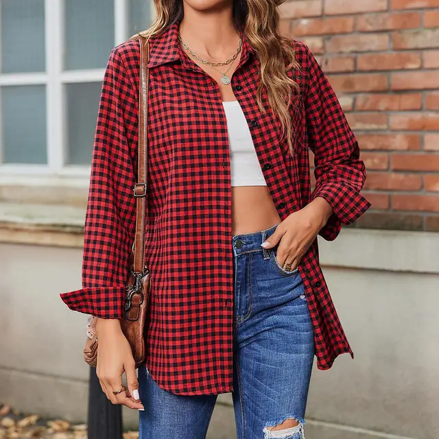 Printed Plaid Lapel Loose Long sleeve Shirt Plaid Shirt Rose Red - Shop at LoveMi