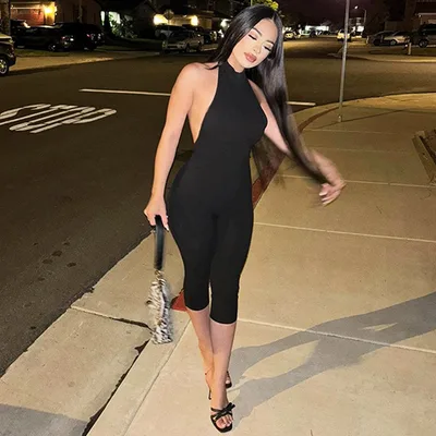 Women's Solid Color Sleeveless Halter Backless Sexy Slim Fit Bodysuit Black - Shop at LoveMi