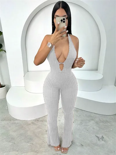 Halter Slim Fit Lace up Backless Sexy Jumpsuit Women Gray - Shop at LoveMi