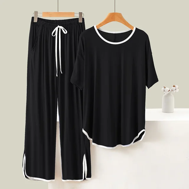 Thin Short sleeved Trousers Home Wear Pajamas Two piece Set Black - Shop at LoveMi