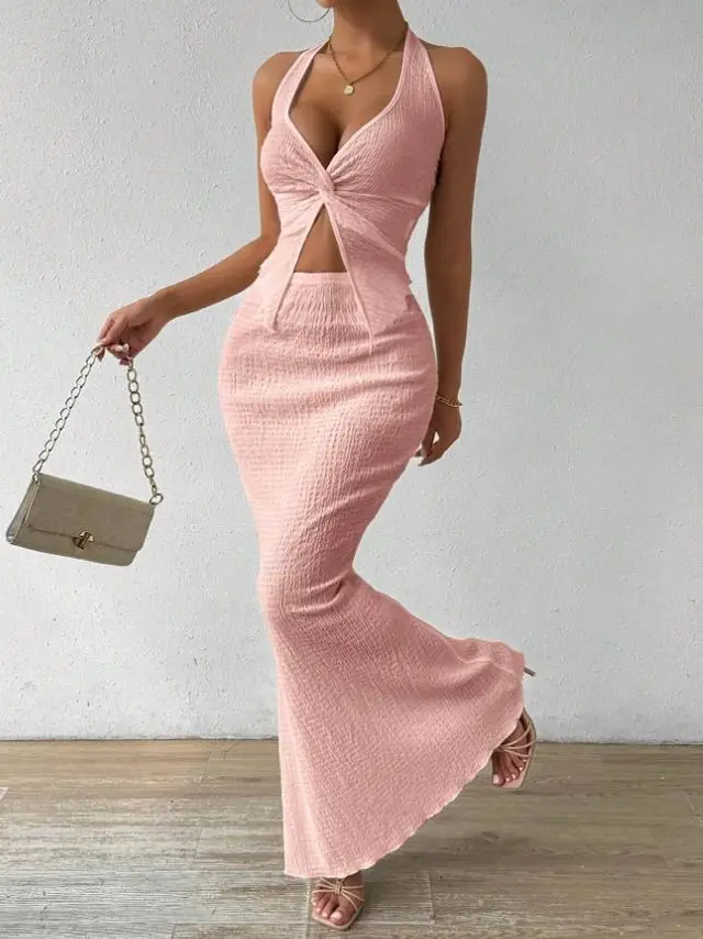 Women's Solid Color Twist Front Hanging On Neck Crop Top And Fishtail Midi Skirt Pink - Shop at LoveMi