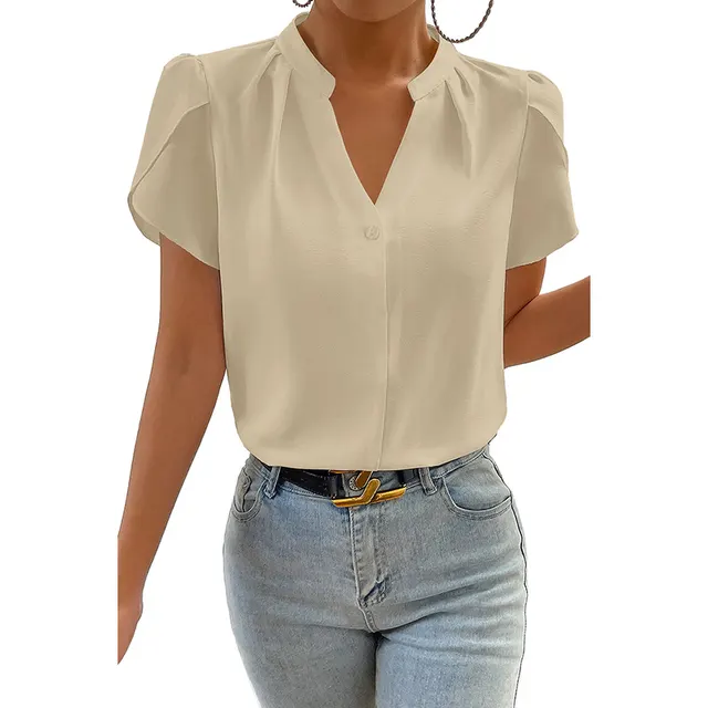 Solid Color Pullover V neck Chiffon Shirt For Women Lc25125099P15 - Shop at LoveMi