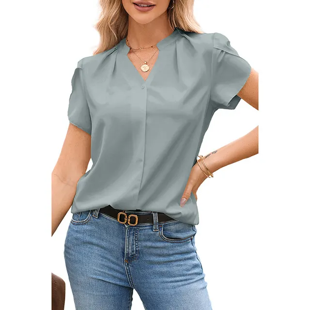 Solid Color Pullover V neck Chiffon Shirt For Women Lc25125099P204 - Shop at LoveMi