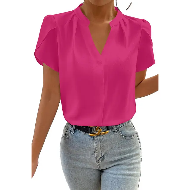 Solid Color Pullover V neck Chiffon Shirt For Women Lc25125099P6 - Shop at LoveMi