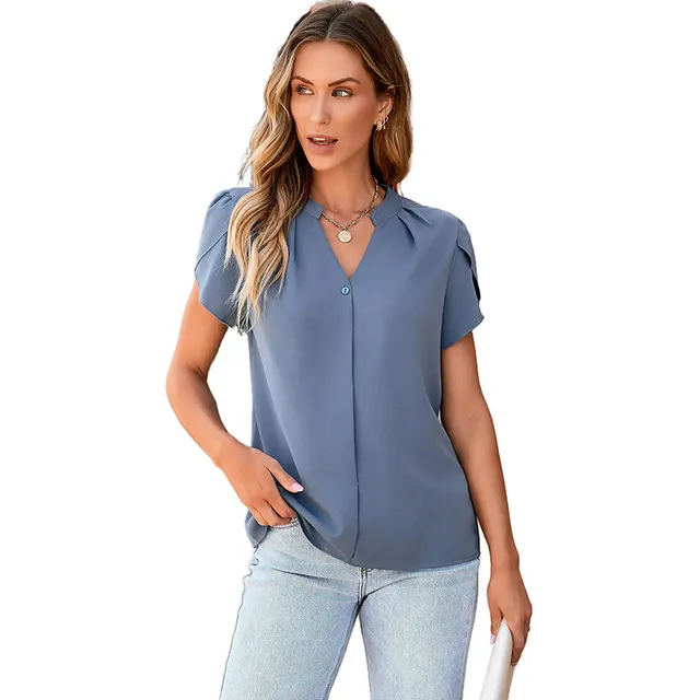 Solid Color Pullover V neck Chiffon Shirt For Women Lc25125099P905 - Shop at LoveMi