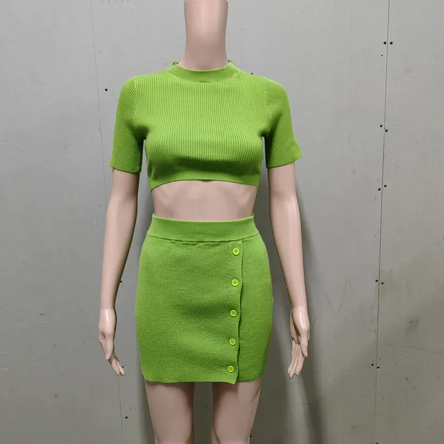 Women's Knitted Midriff baring Knitted Sweater Top Split Button Skirt Fruit Green - Shop at LoveMi