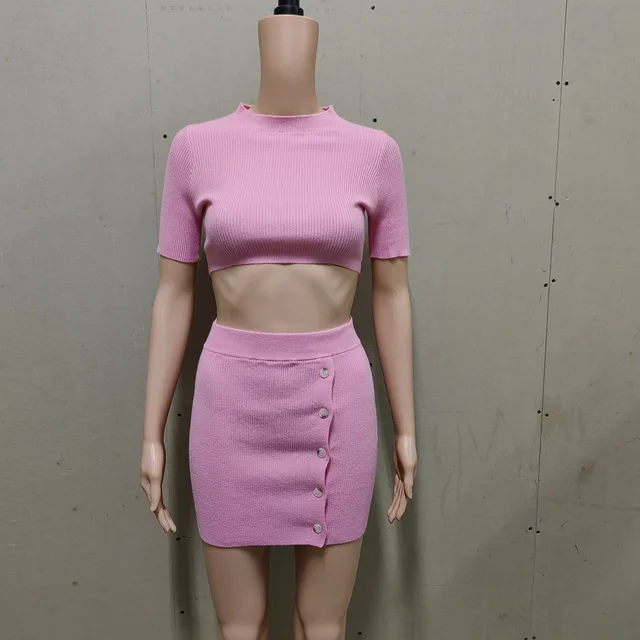 Women's Knitted Midriff baring Knitted Sweater Top Split Button Skirt Glittering Powder - Shop at LoveMi