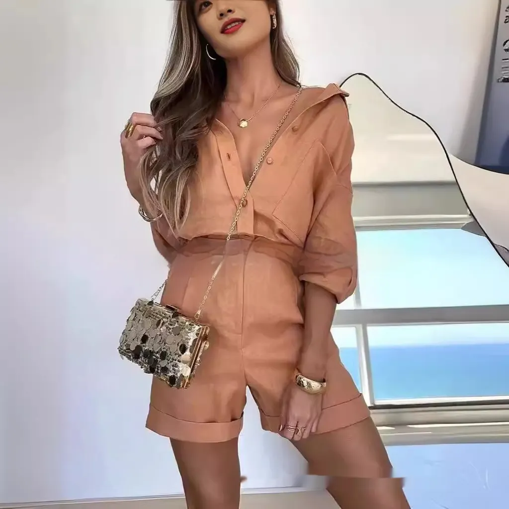 Women's Shirt Short Pants Loose Suit Casual - Orange