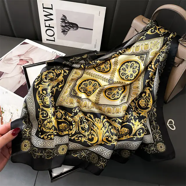 Light Luxury Temperament Silk Scarf 70cm Shawl For Women Fj8565 Black Gold - Shop at LoveMi