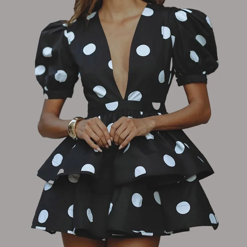 White Polka-dot Cinched Lace-up Women's Skirt - White - View 1