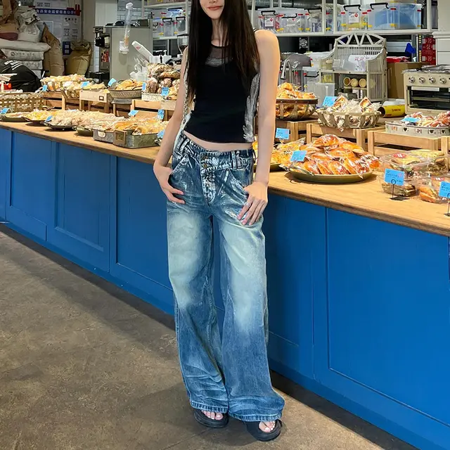 Irregular Waist Straight Design Sense Niche Retro Distressed Lengthened Mop Pants Blue - Shop at LoveMi
