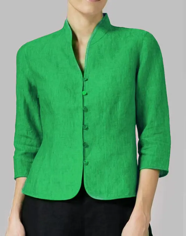Slim Three quarter Sleeve Button Jacket INS Fashion V neck Stand Collar Outwear Tops Solid Color Clothing For Women Green - Shop at LoveMi