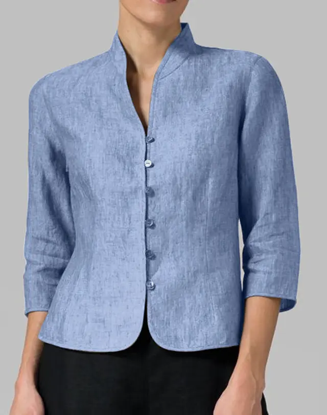 Slim Three quarter Sleeve Button Jacket INS Fashion V neck Stand Collar Outwear Tops Solid Color Clothing For Women Light Blue - Shop at LoveMi
