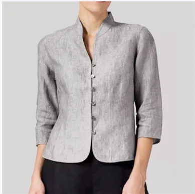 Slim Three quarter Sleeve Button Jacket INS Fashion V neck Stand Collar Outwear Tops Solid Color Clothing For Women Light Gray - Shop at LoveMi