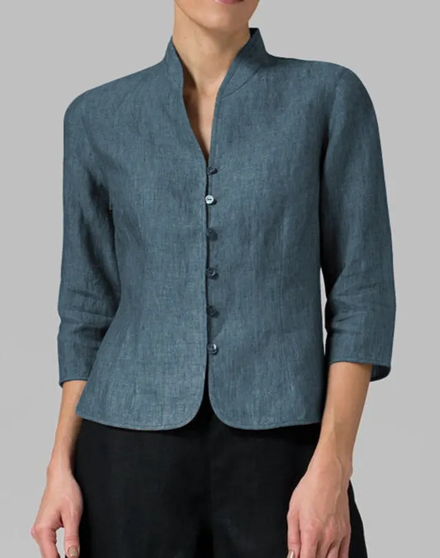 Slim Three quarter Sleeve Button Jacket INS Fashion V neck Stand Collar Outwear Tops Solid Color Clothing For Women Slabstone Gray - Shop at LoveMi