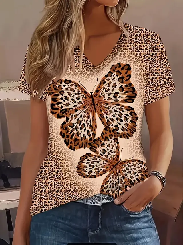 Fashion Comfortable Animal Plant Pattern Short Sleeve V neck T shirt Wb14Wb14Zn250119Y043 - Shop at LoveMi