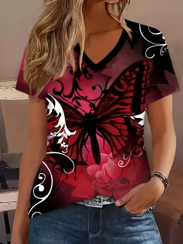 Fashion Comfortable Animal Plant Pattern Short Sleeve V neck T shirt Wb14Wb14Zn250119Y044 - Shop at LoveMi