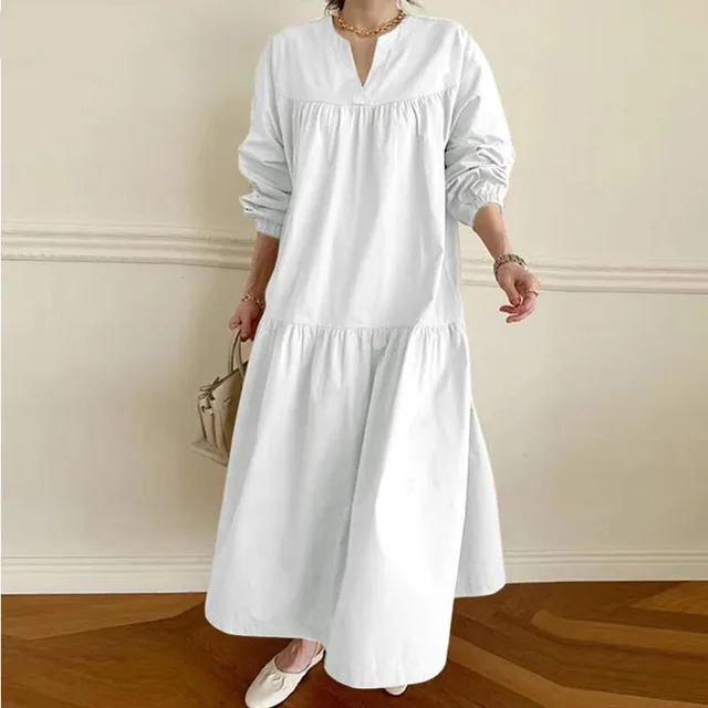 National Style Retro Cotton And Linen V neck Shirt Sleeve Length Large Swing Dress White - Shop at LoveMi