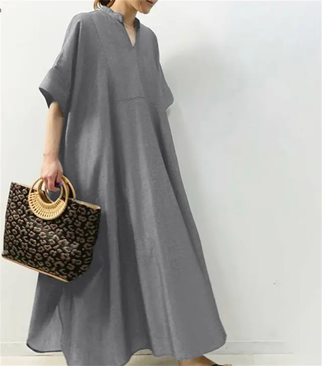 Women's Solid Color Half Sleeve Long Dress Gray - Shop at LoveMi