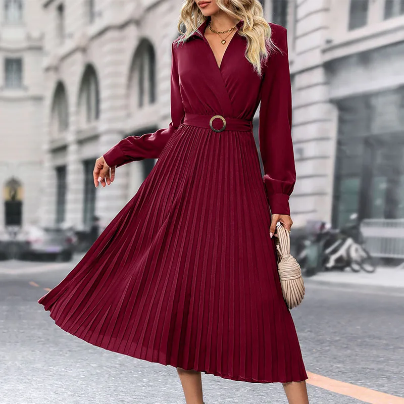 Lapel Shirt Women Pleated Long Sleeve Dress - Wine Red - View 1