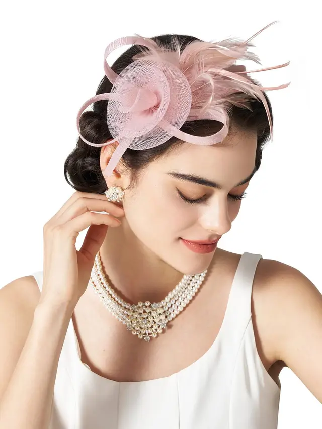Mesh Feather Headwear Elegant Retro Versatile Headband Bare Pink - Shop at LoveMi
