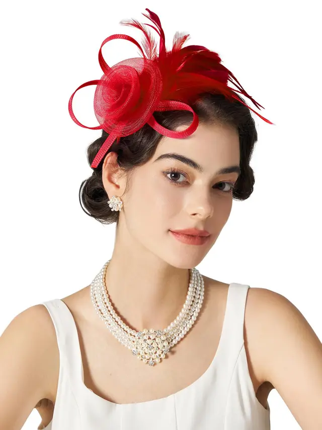 Mesh Feather Headwear Elegant Retro Versatile Headband Red - Shop at LoveMi