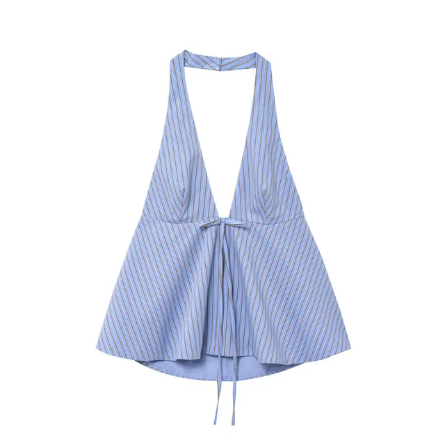 Bowknot Decoration Hanging Collar Backless Top Blue Stripe - Shop at LoveMi