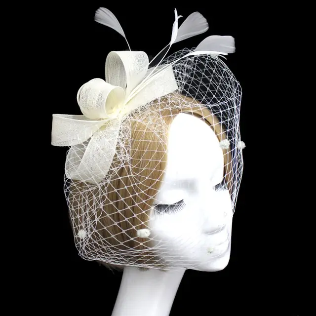 Bride Veil Hair Bow Top Hat Headdress Flower Cover Face Mesh Head Beige - Shop at LoveMi