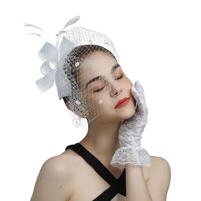 Bride Veil Hair Bow Top Hat Headdress Flower Cover Face Mesh Head Pure White - Shop at LoveMi
