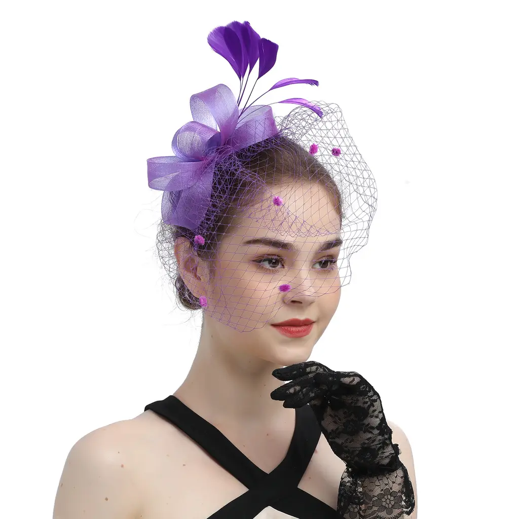 Bride Veil Hair Bow Top Hat Headdress Flower Cover Face Mesh Head - Purple