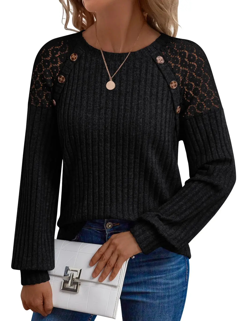 European And American Lace Patchwork Raglan Sleeves - Black