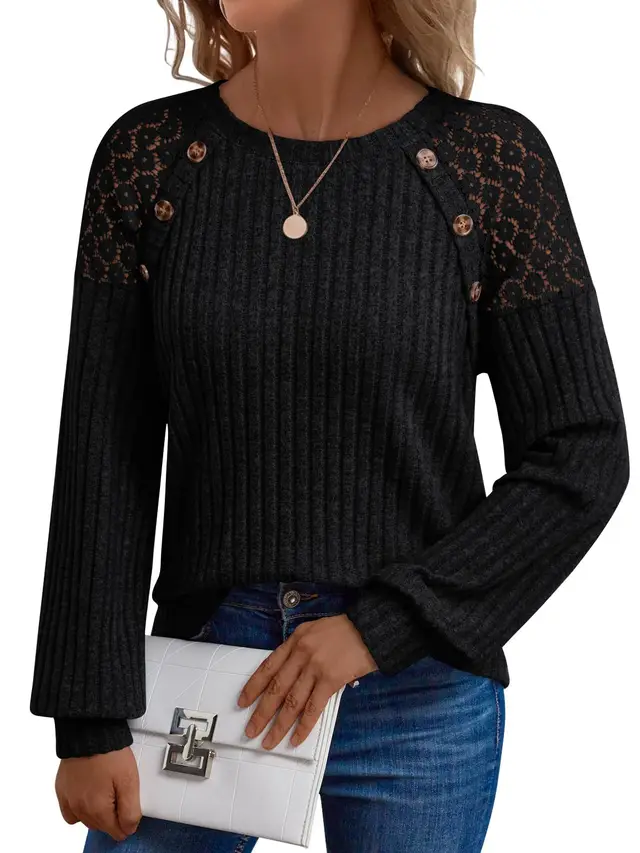 European And American Lace Patchwork Raglan Sleeves Black - Shop at LoveMi
