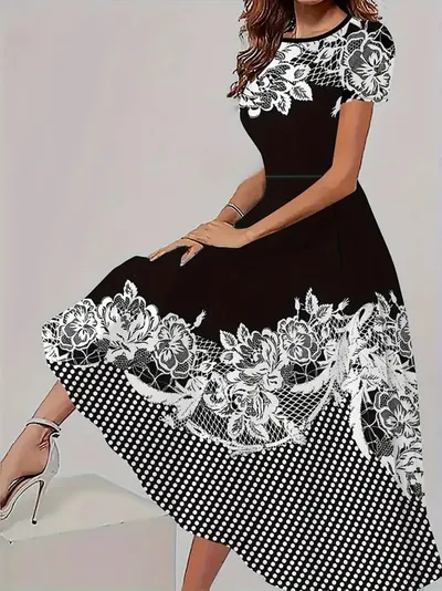 Trendy Casual All matching Floral Pattern Short Sleeve Round Neck Dress Wf008Rq250226Y050 - Shop at LoveMi