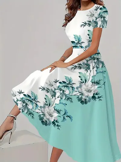Trendy Casual All matching Floral Pattern Short Sleeve Round Neck Dress Wf008Rq250226Y056 - Shop at LoveMi