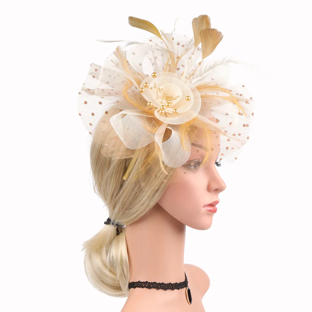 Headwear Bridal Hair Accessories Mesh Billycock Headband - White Gold Colour - View 1
