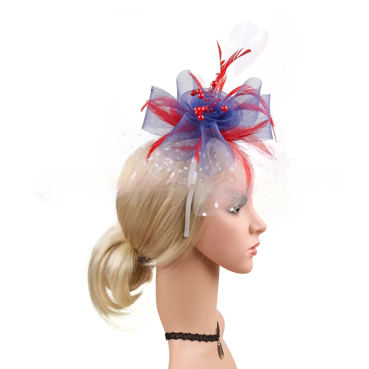 Headwear Bridal Hair Accessories Mesh Billycock Headband - White Navy Blue
