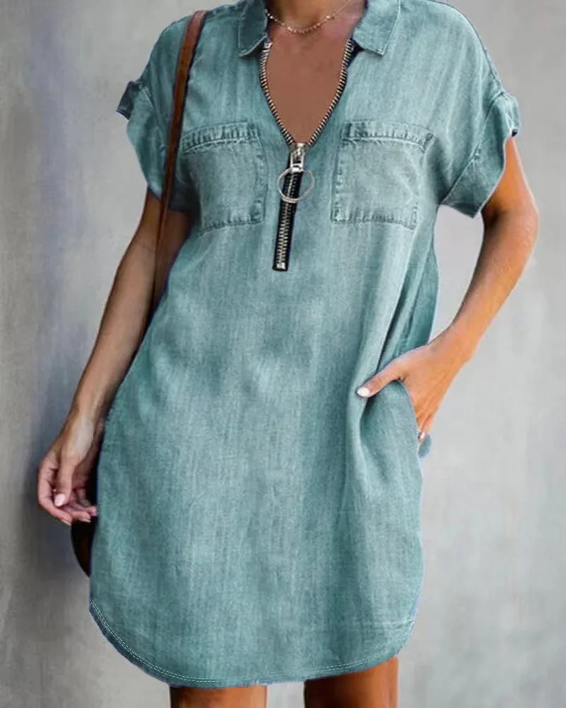 European And American Lapel Short Sleeve Loose Dress Denim Shirt - Lake Blue - View 1
