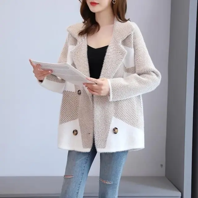 Mink Fur Women's Coat Wear Loose All matching Thick Knit Cardigan Khaki - Shop at LoveMi