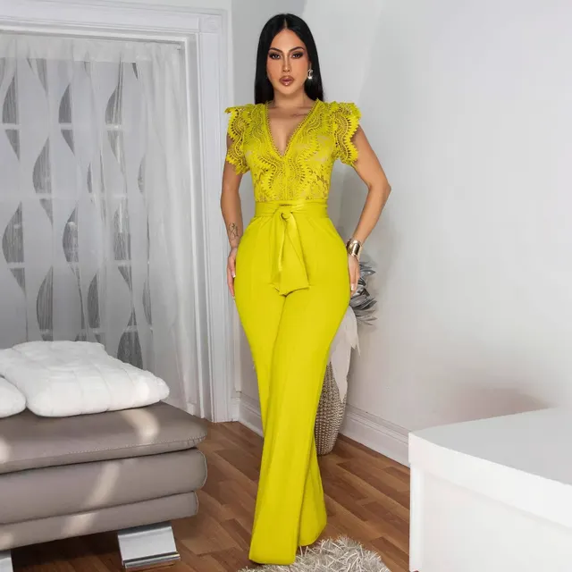 Personalized Line Lace Stitching Sleeveless Sports Fitness Jumpsuit Lemon Yellow - Shop at LoveMi